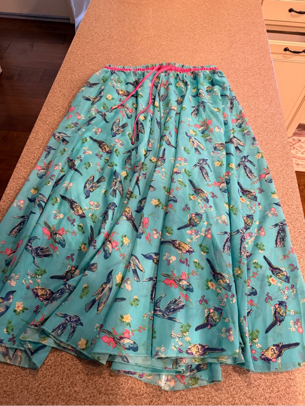 Bird & Floral Aqua Circle Skirt with Pink Drawstring Waist